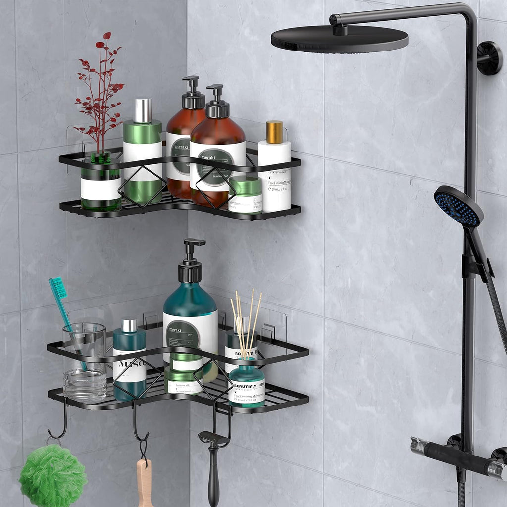 Large Corner Shower Caddy, 2 Pack Adhesive Bathroom Shower Organizer Shelves, No Drilling Rustproof Wall Mounted Shower Storage Basket Shampoo Holder Organizer (Black)