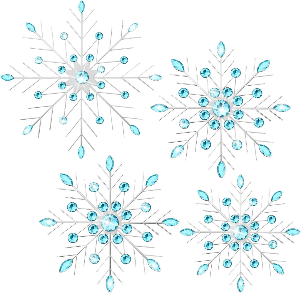 Hicarer 4 Pcs 12" 10" 8" Snowflake Metal Wall Art Rhinestones 3D Decor Christmas Silver Hanging Metal Artwork Wall Decor Glitter Crafts Snowflake Decorations for Living Room (Blue)