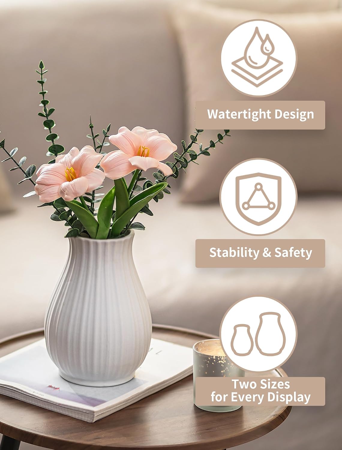 NUPTIO Ceramic Flower Vase for Bouquet, White, 8.07" Tall