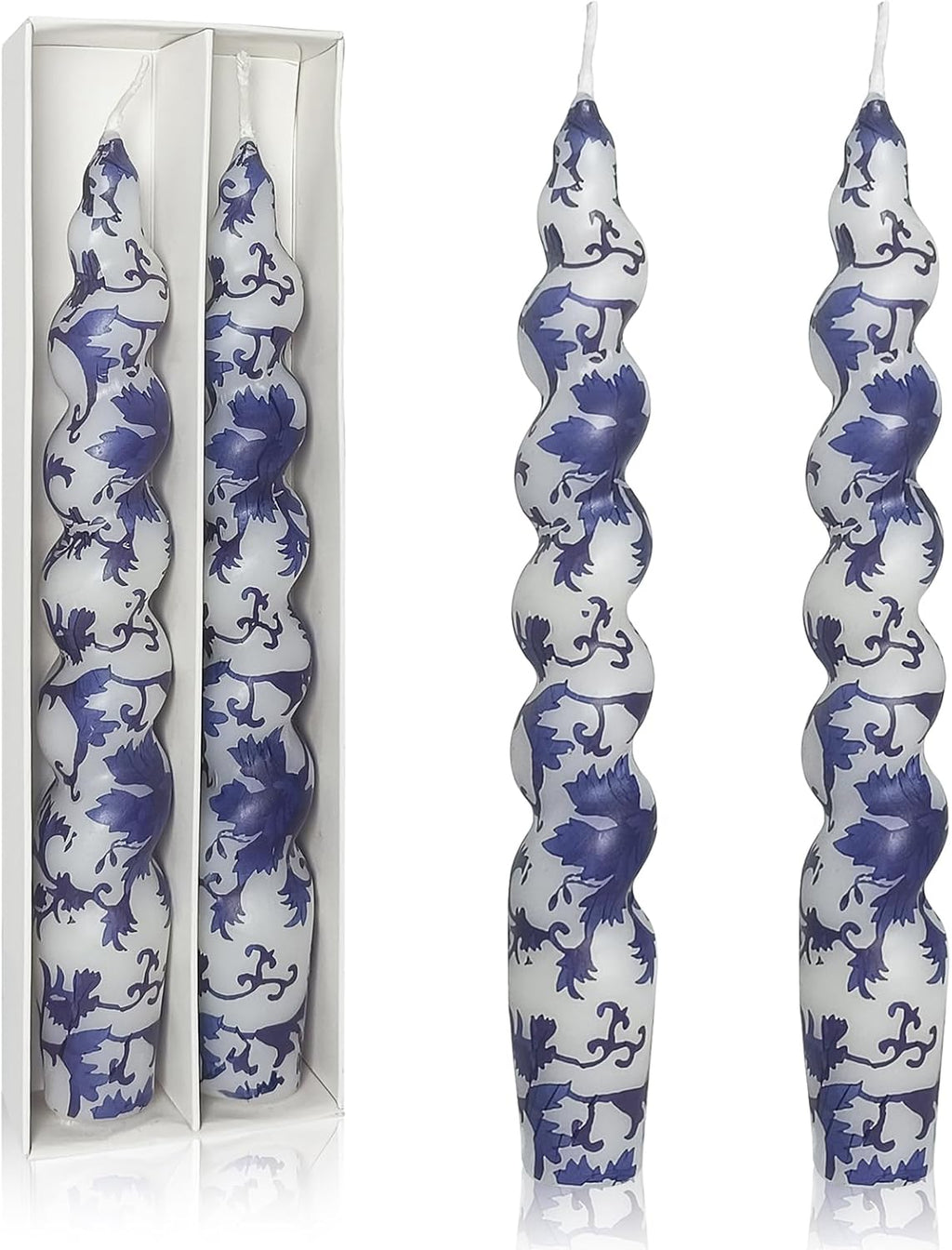 Unscented Floral Taper Candle Spiral Candlesticks - Set of 2 Blue and White Handmade Twisted Candle 7.5 Inch Short Candle Sticks Print Tapered Candles for Home Wedding Dinner Gifts