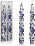 Unscented Floral Taper Candle Spiral Candlesticks - Set of 2 Blue and White Handmade Twisted Candle 7.5 Inch Short Candle Sticks Print Tapered Candles for Home Wedding Dinner Gifts