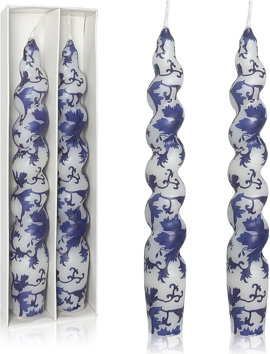 Unscented Floral Taper Candle Spiral Candlesticks - Set of 2 Blue and White Handmade Twisted Candle 7.5 Inch Short Candle Sticks Print Tapered Candles for Home Wedding Dinner Gifts