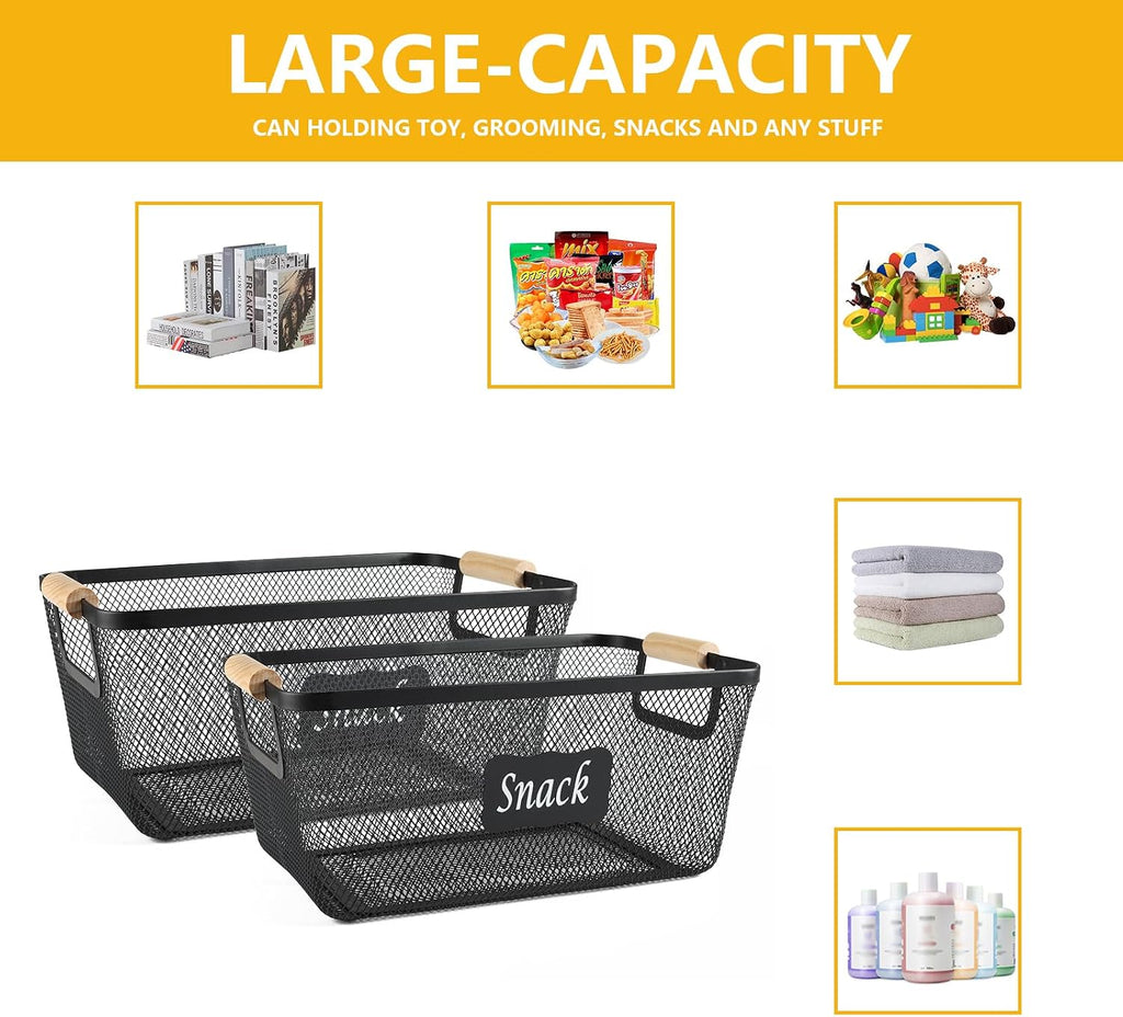 Snack Organizer for Pantry Shelf, 2 Pack Metal Mesh Snack Baskets with Wooden Handles, Snack Bin for Snack Bar Station, Kitchen Cabinet Pantry Organizers and Storage