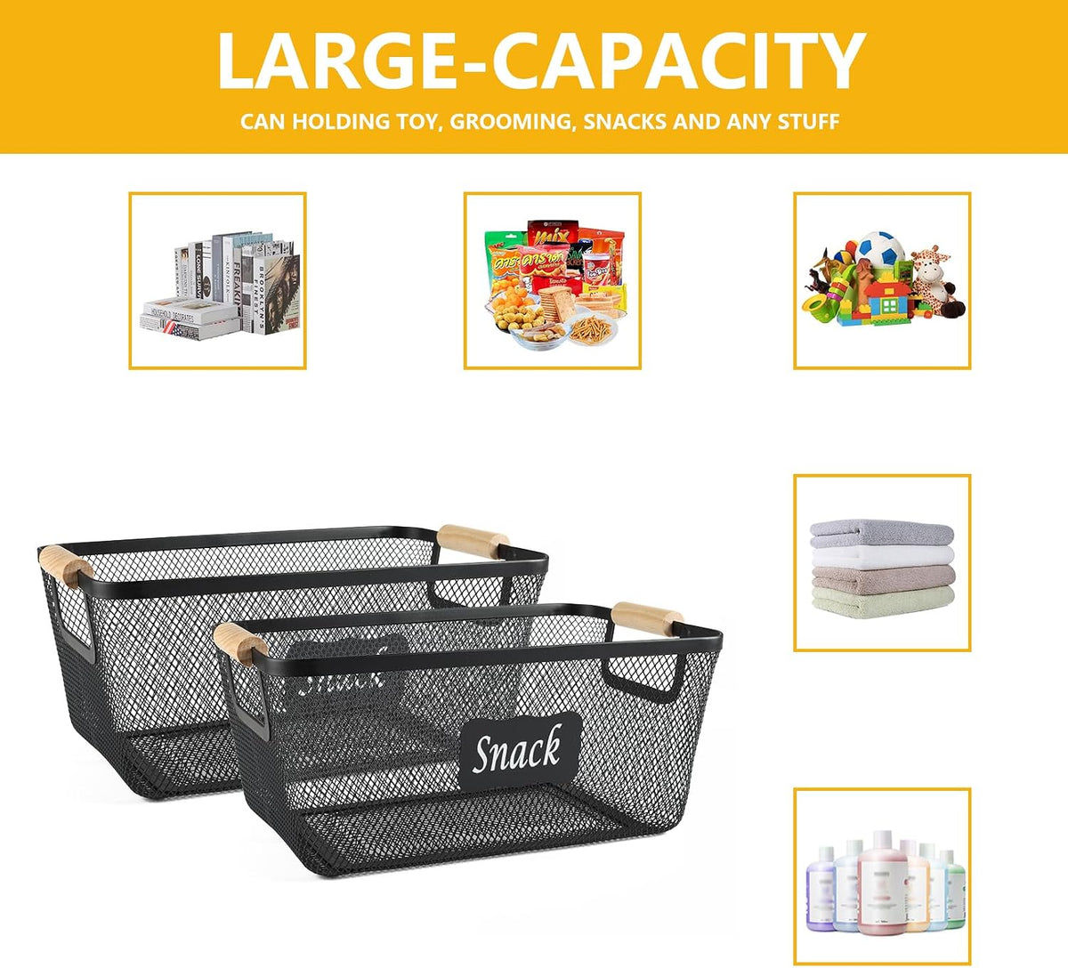 Snack Organizer for Pantry Shelf, 2 Pack Metal Mesh Snack Baskets with Wooden Handles, Snack Bin for Snack Bar Station, Kitchen Cabinet Pantry Organizers and Storage