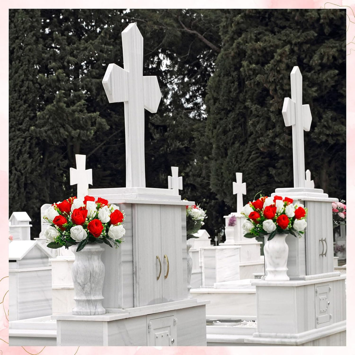 Riceshoot 2 Bouquets Cemetery Flowers for Grave, Red, White