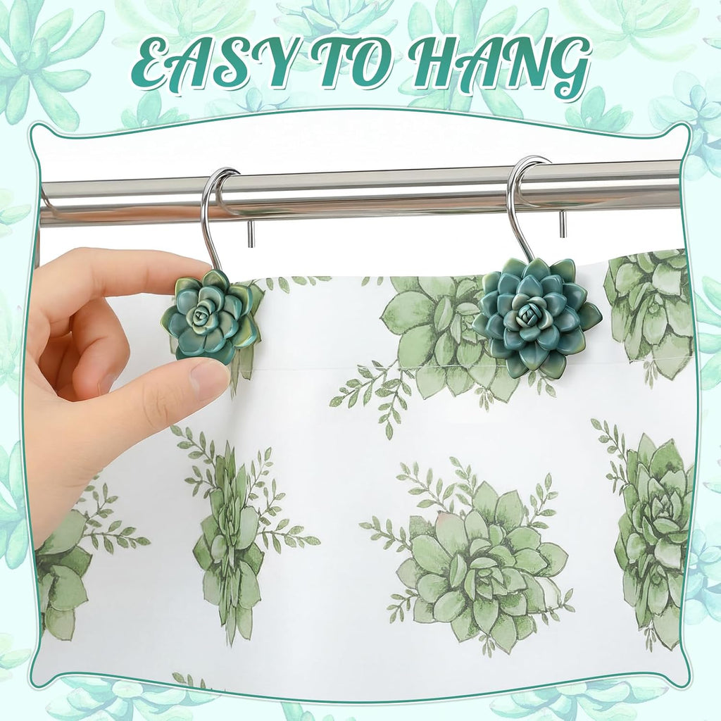 Amyhill 12 Pcs Succulents Plants Decorative Cute Shower Curtain Hooks Mini Succulents Green Shower Curtain Rings Bulk Hanger Stainless Steel Resin Plant Theme Hooks for Bathroom Bedroom Home Decor