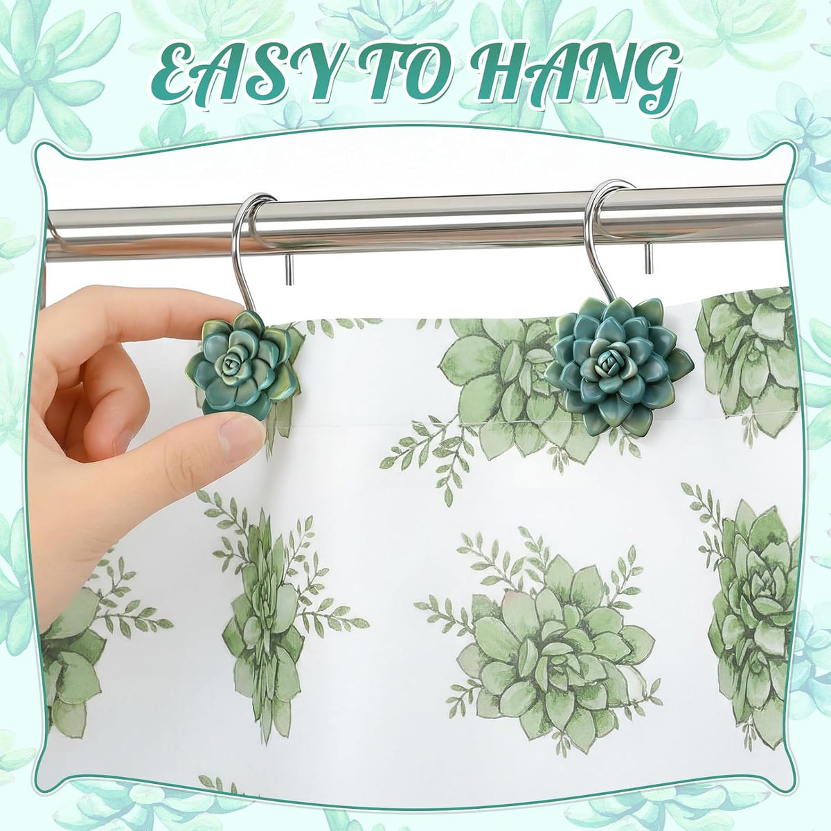 Amyhill 12 Pcs Succulents Plants Decorative Cute Shower Curtain Hooks Mini Succulents Green Shower Curtain Rings Bulk Hanger Stainless Steel Resin Plant Theme Hooks for Bathroom Bedroom Home Decor