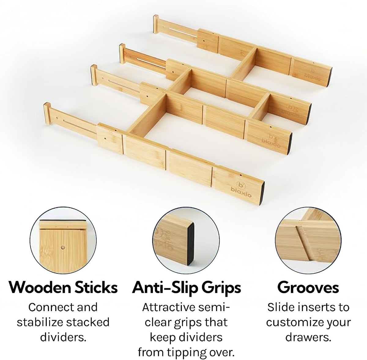 Adjustable Drawer Dividers Pack of 4 with Inserts, Set Kitchen Drawer Organizer for Utensils, Spice Organization, Deep Drawers and Baby Clothes