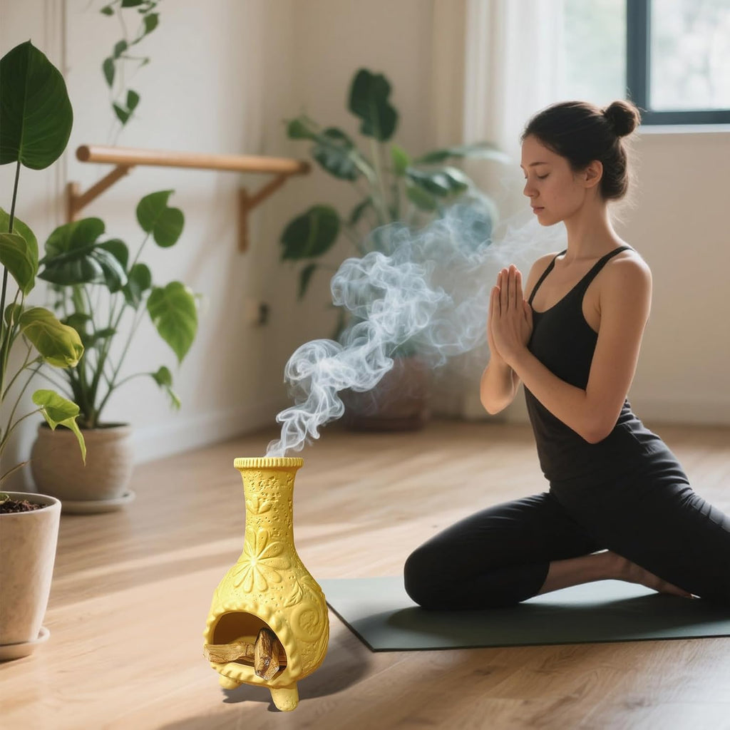Yellow Floral Palo Santo Chiminea,Smudge Stick-Incense Cones Burner Holder