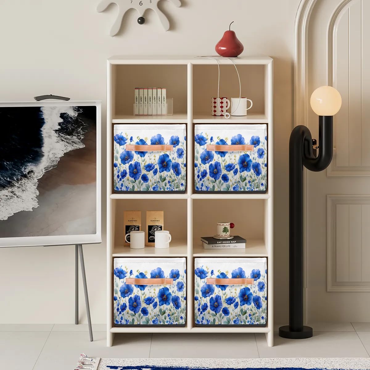 11 Inch Fabric Storage Cube with Handles, Navy Blue Flower Collapsible Storage Basket for Shelves, Square Storage Bin Canvas Closet Organizer for Decor
