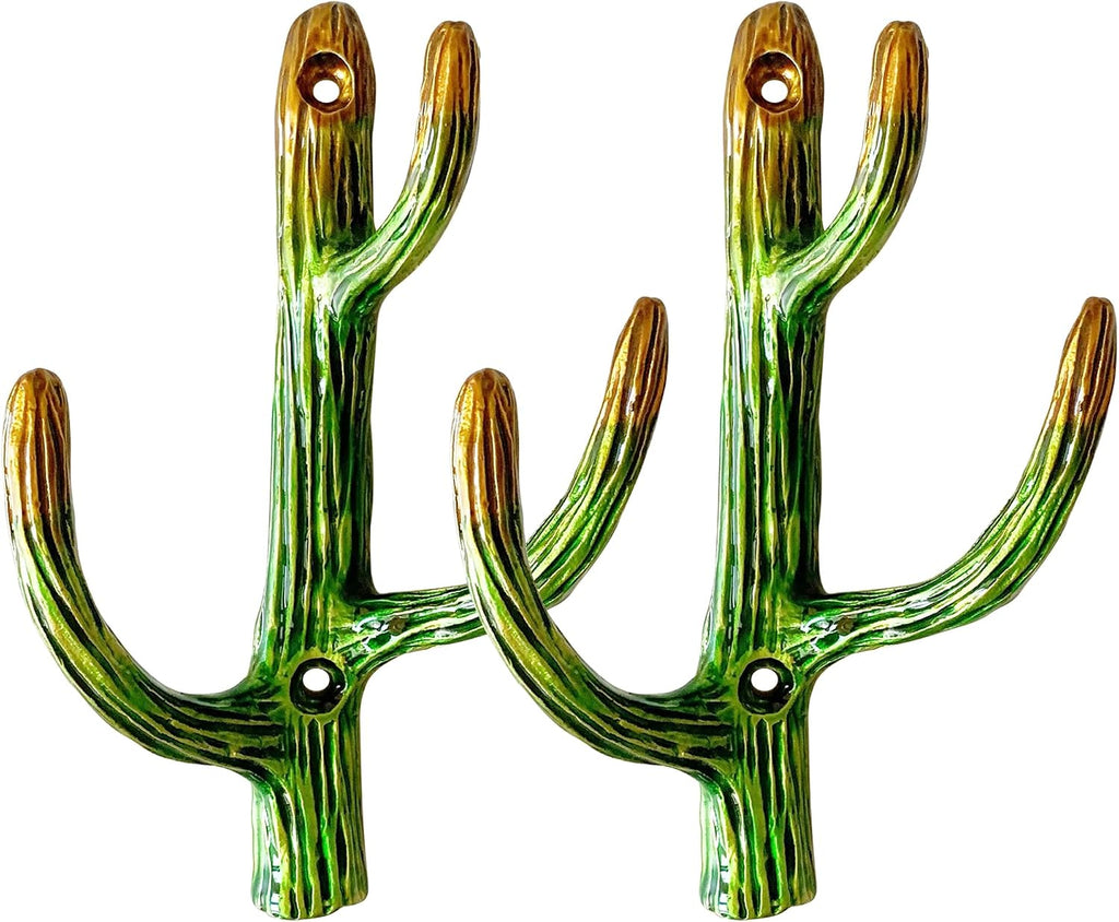 Vintage Cactus-Shaped Decorative Wall Hooks Rack Hangers for Hanging Clothes Coats Towels Keys Hats, 2 Pack Antique Metal Mounted Wall Hook
