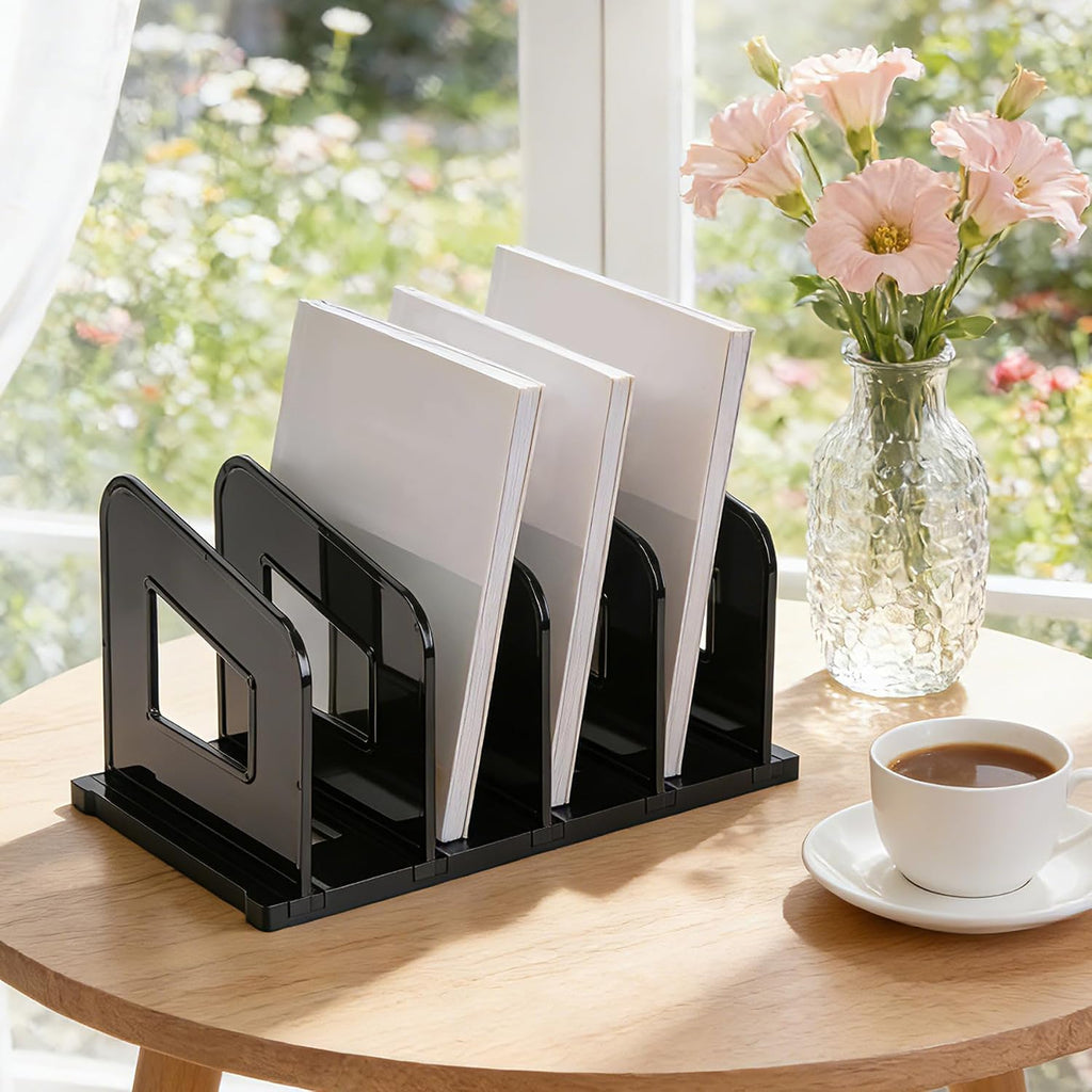 LALOBLUE File Organizer, Acrylic Folder Organizer File Sorter, Plastic Vertical Dividers for Magazine Mail Letter Paper, Desktop Organizers for Office, Classroom & Home(4 Sections, 2 Pack), Black