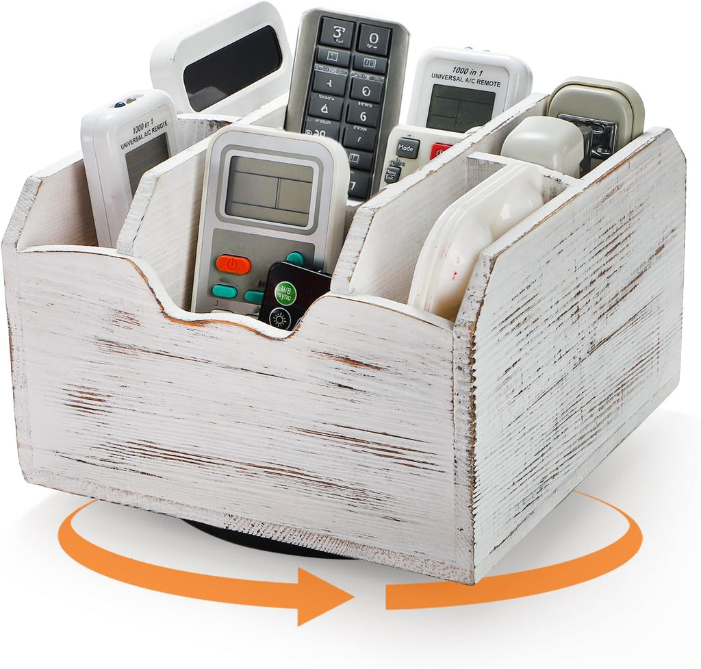 yarlung Vintage Rotating Remote Control Holder, Shabby Chic White Wooden Office Supplies Organizer 7 Compartments, 360° Rotation Multipurpose Storage Caddy for Pens, Art Supplies, TV Media