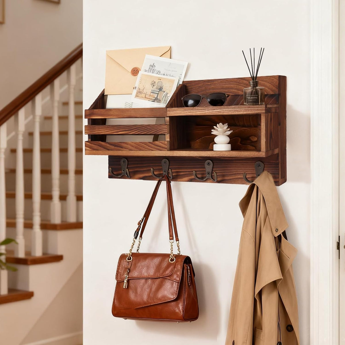 Solid Wood Key and Mail Holder for Wall, Brown