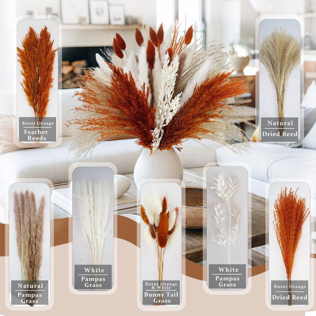 Pampas Grass Dried Flowers for Vase, Burnt Orange Pampas Grass Boho Home Decor, Wedding Decorations (Mixed Burnt Orange)