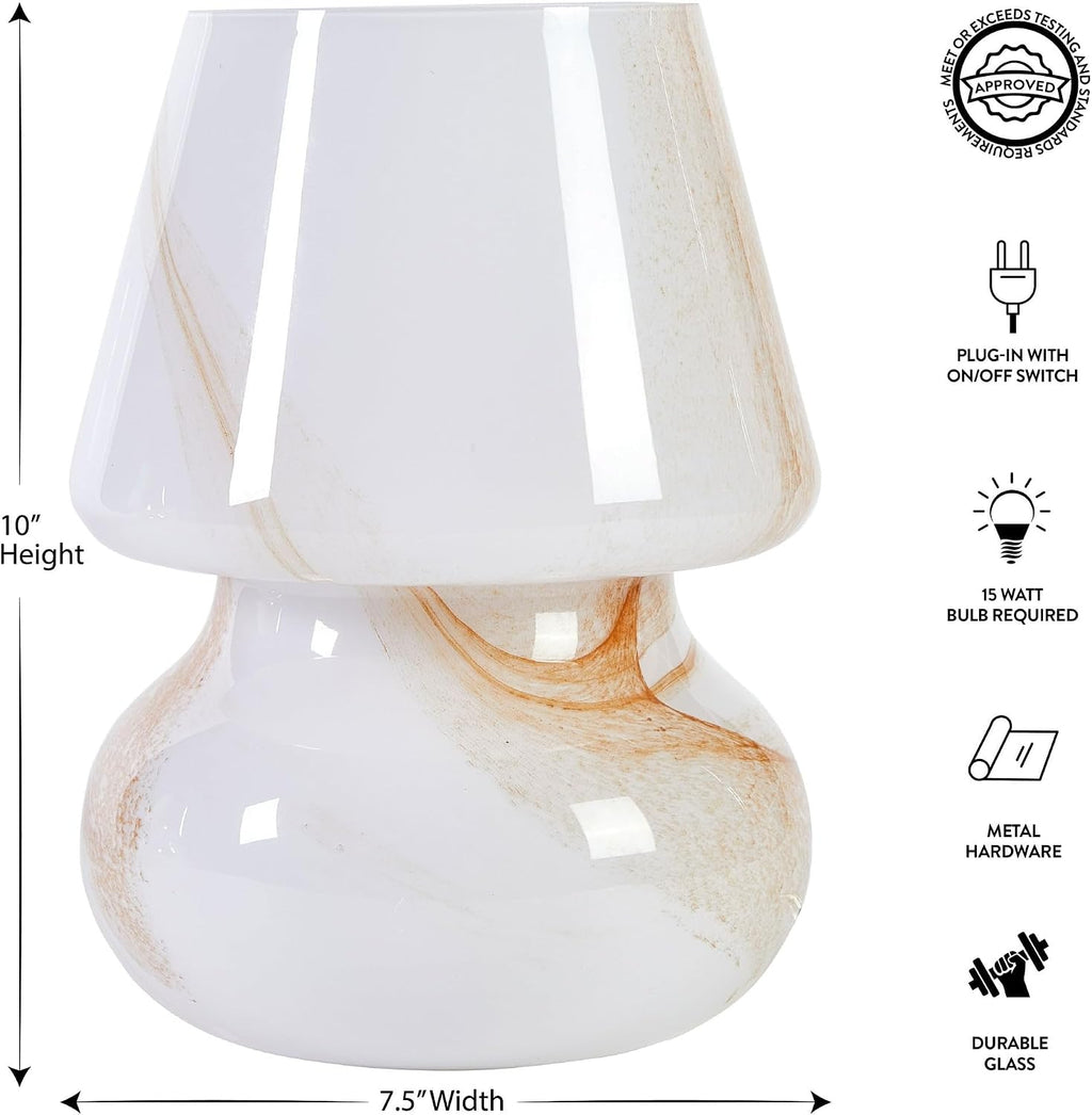 Urban Lifestyle Modern Mushroom Marble Glass Table Lamp with Soft Ambient Glow, Elegant White & Amber Swirl Design Bedside Lamp for Bedroom, Living Room, Dorm, Office Desk Lighting