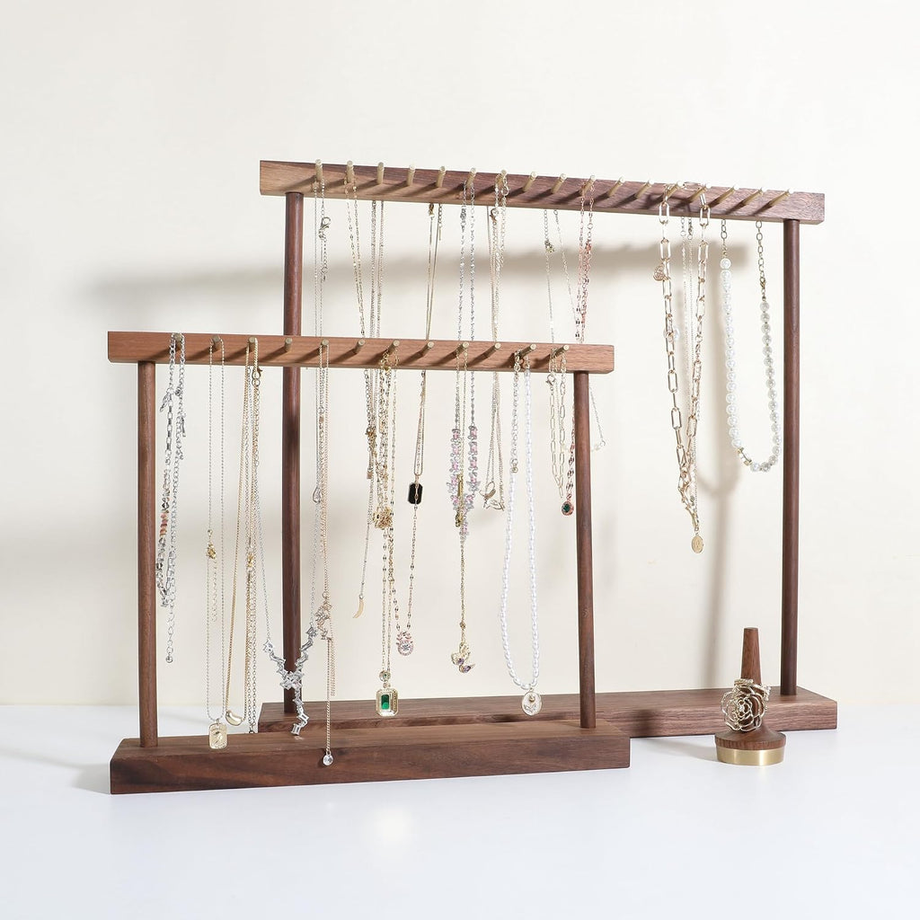 Medium necklace hanger shelf with 12 copper bars, Wooden jewelry storage organizer rack for hanger necklace bracelet, necklace display stand for boutique store【Walnut】