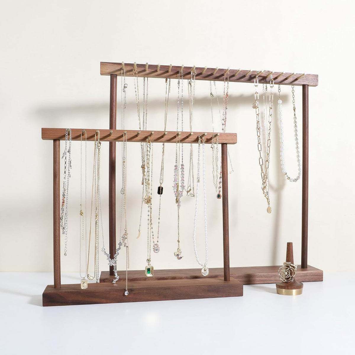 Medium necklace hanger shelf with 12 copper bars, Wooden jewelry storage organizer rack for hanger necklace bracelet, necklace display stand for boutique store【Walnut】