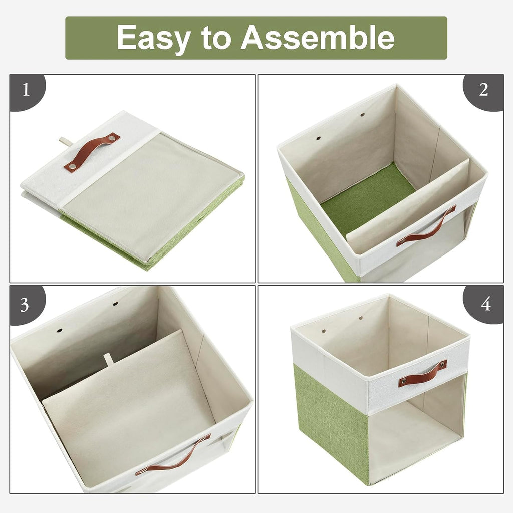 Bagnizer Storage Cubes, 4 Pack Linen Foldable Storage Bins with Clear Window and 2 Handles, 13x15x13 for Shelf Closet, Kallax, Clothes, Books - Green/Off-White