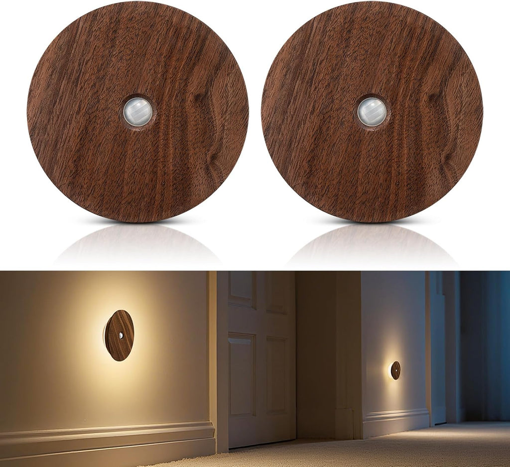 Motion Sensor Night Light 2 Packs, Wood Rechargeable Stair Lights