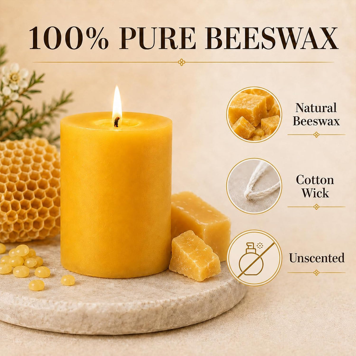 Beeswax Pillar Candles,8 Pack,2 x 3 Inch,32 Hours Yellow Candle