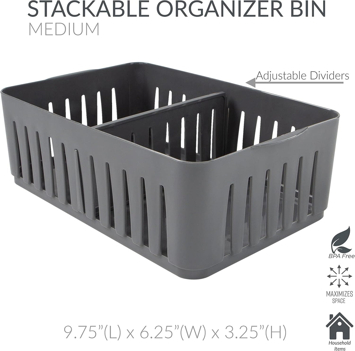 Simplify 3 Compartment Stackable Bin with Adjustable Dividers | Drawer Organizer | Storage Basket | Good for Office | Desk Supplies | Dorm | Bathroom | Accessories | Make Up | Grey