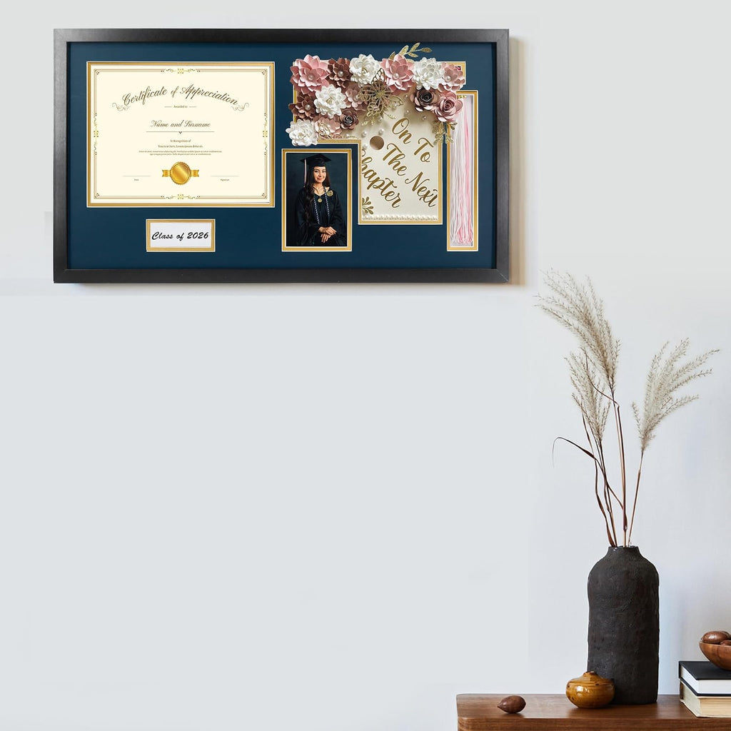 14x26 Black Shadow Box Diploma Frame with Graduation Cap & Tassel Holder for 8.5x11 Diploma and 4x6 Photo with MDF Wood and Plexiglass, Navy Over Gold Mat for Wall, Graduation Keepsakes