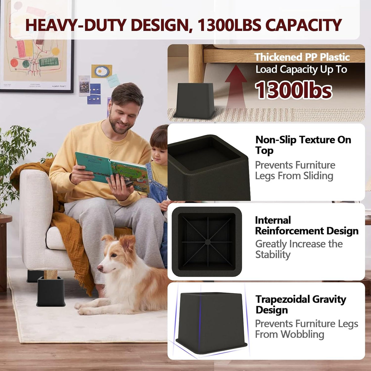 Bed Risers 8 inch Heavy Duty-Set of 4 Adjustable Furniture Risers, Elevation Heights of 3, 5 & 8 Inches, Supports Up to 1,300 lbs for Under-Bed Storage, College Dorms, Table and Couch(Black)