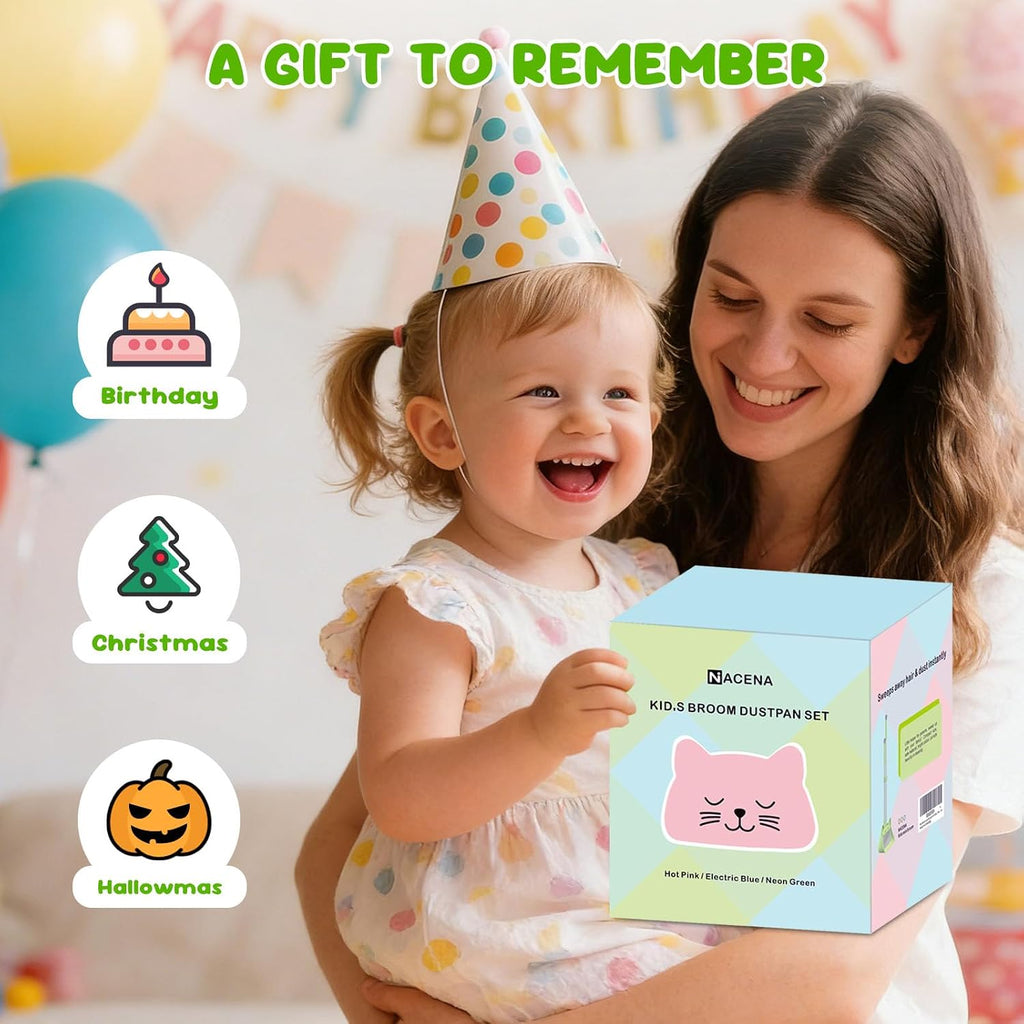 Mini Broom with Dustpan for Kids, 28-in Handle Kids Broom and Dustpan Set for Toddlers Cat-Shaped Children Cleaning Set Boys Girls Small Housekeeping Helper Set, Green