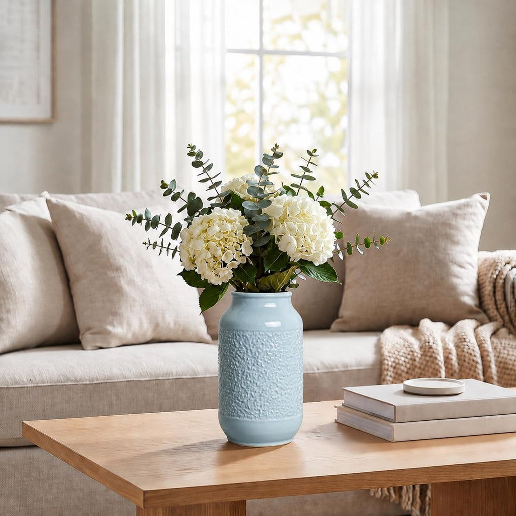Blue Ceramic Vase for Home Decor - 9 Inch Textured Flower Vase for Table Centerpiece - Modern Decorative Pottery Vases for Flowers, Living Room, Shelf, Mantle Decor