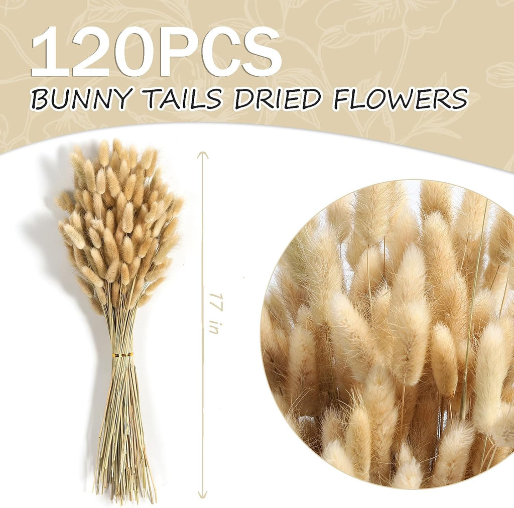 120PCS Bunny Tails Dried Flowers,17" Brown Pampas Grass Natural Rabbit Tail Grass for Boho Wedding,Baby Birthday Party,Home Table, Farmhouse Decor