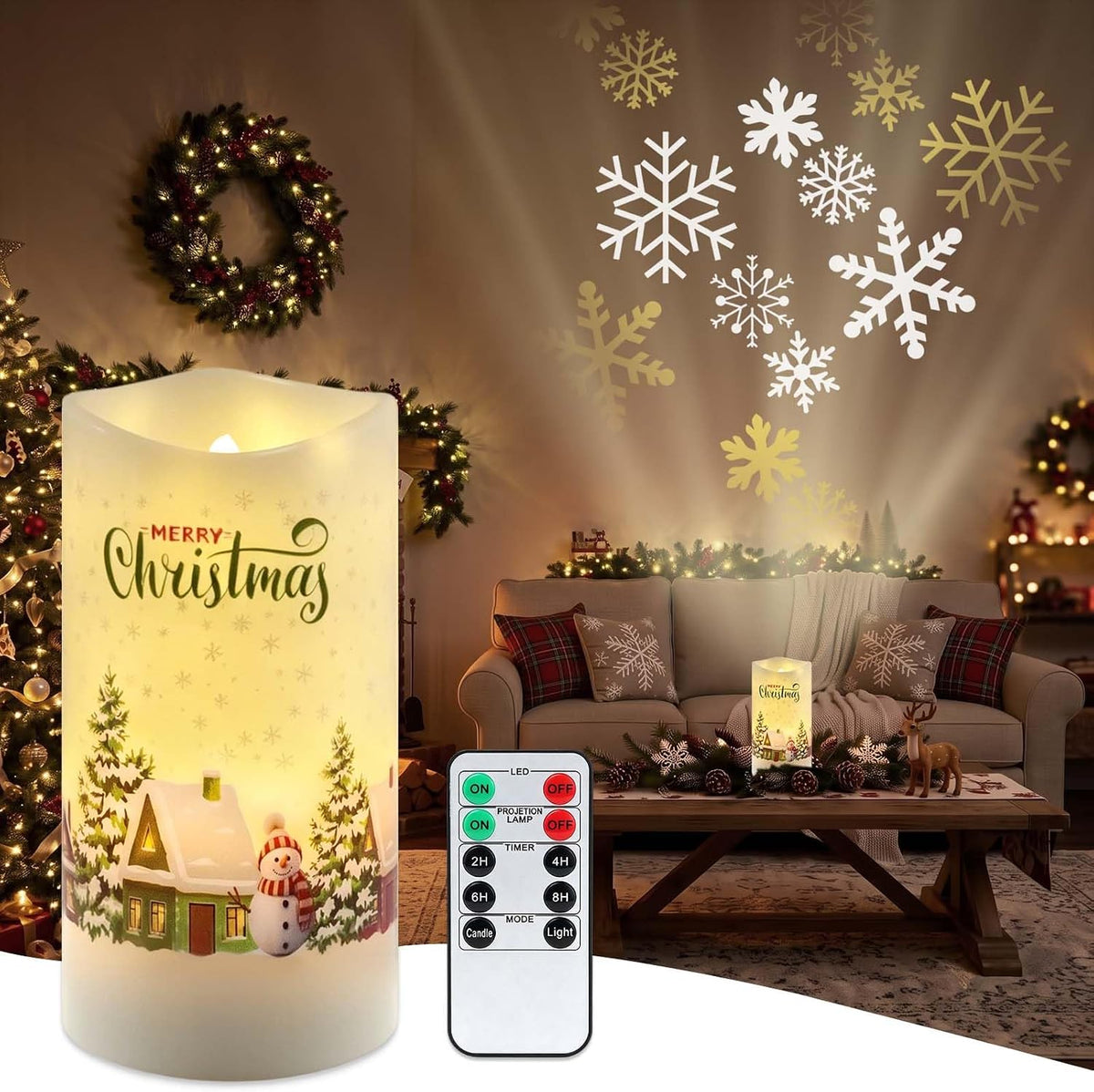 AVEKI Flickering Projector Candle Light, Snow Town Flameless Candles Lamp