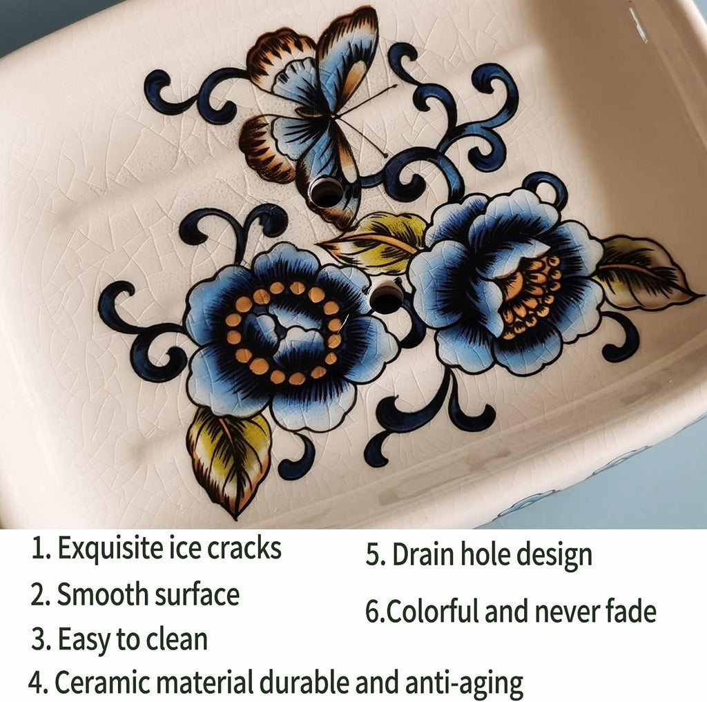 Kelake Ceramic Soap Dish Creative Ice Crack Ceramic Blue Butterfly and Flower Pattern Soap Dish Holder for Bathroom and Shower Soap Tray Box with Drain Gift for Mum Family