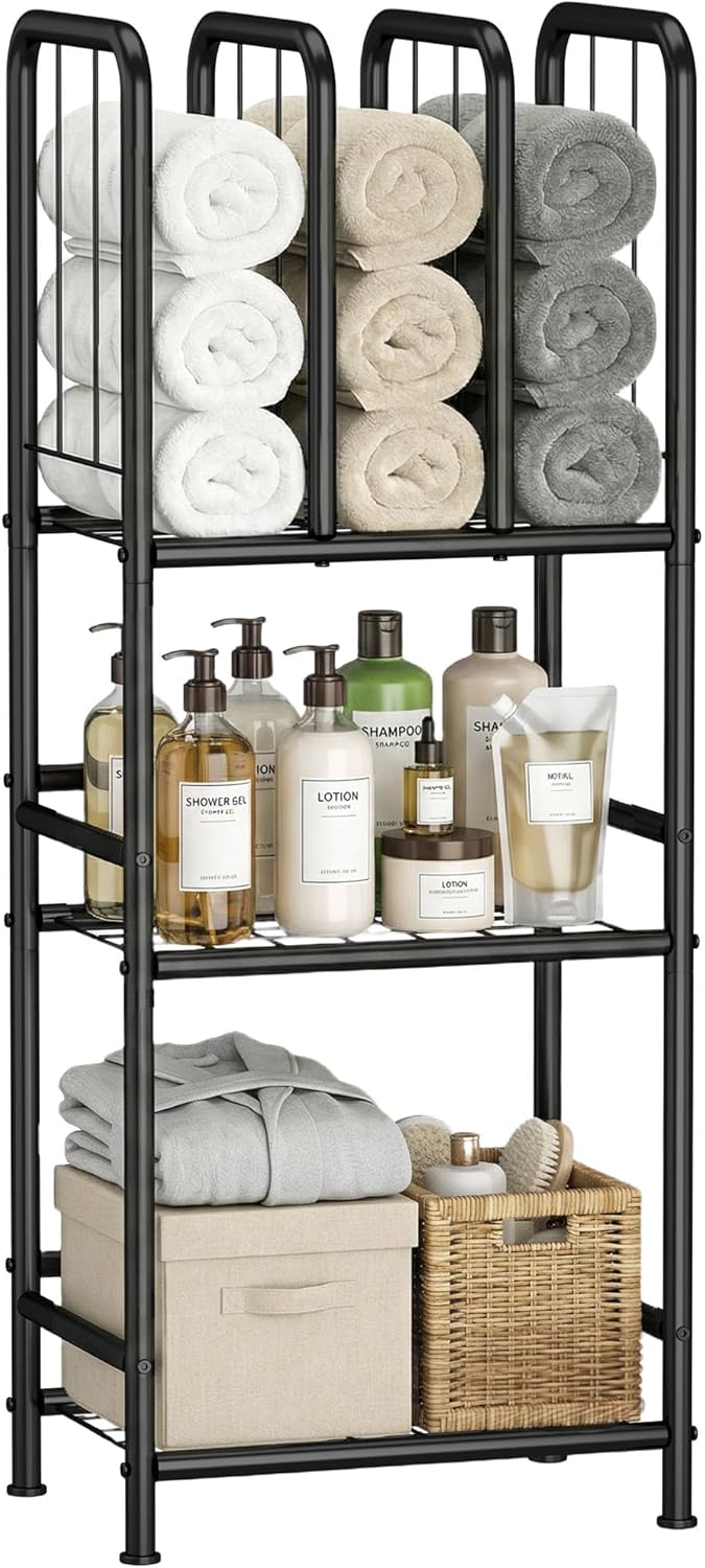 3-Tier Towel Storage for Bathroom, Freestanding Towel Rack with Dividers