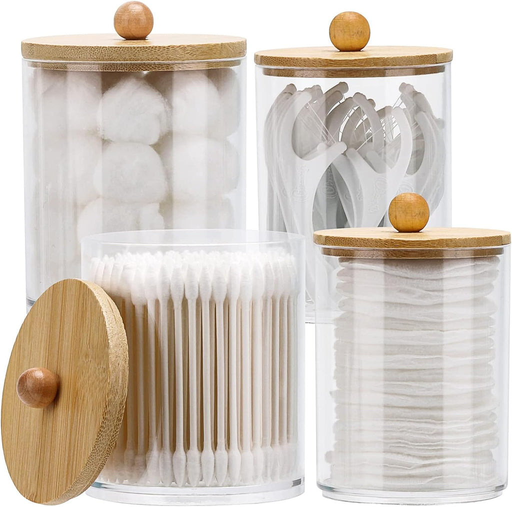 Tbestmax 4 Pack Qtip Holder Dispenser Cotton Ball, Cotton Swab, Floss - 12oz, 10 oz Clear Plastic Apothecary Jars for Bathroom Organizer and Storage Containers (Bamboo Lids)