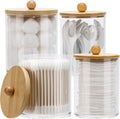 Tbestmax 4 Pack Qtip Holder Dispenser Cotton Ball, Cotton Swab, Floss - 12oz, 10 oz Clear Plastic Apothecary Jars for Bathroom Organizer and Storage Containers (Bamboo Lids)