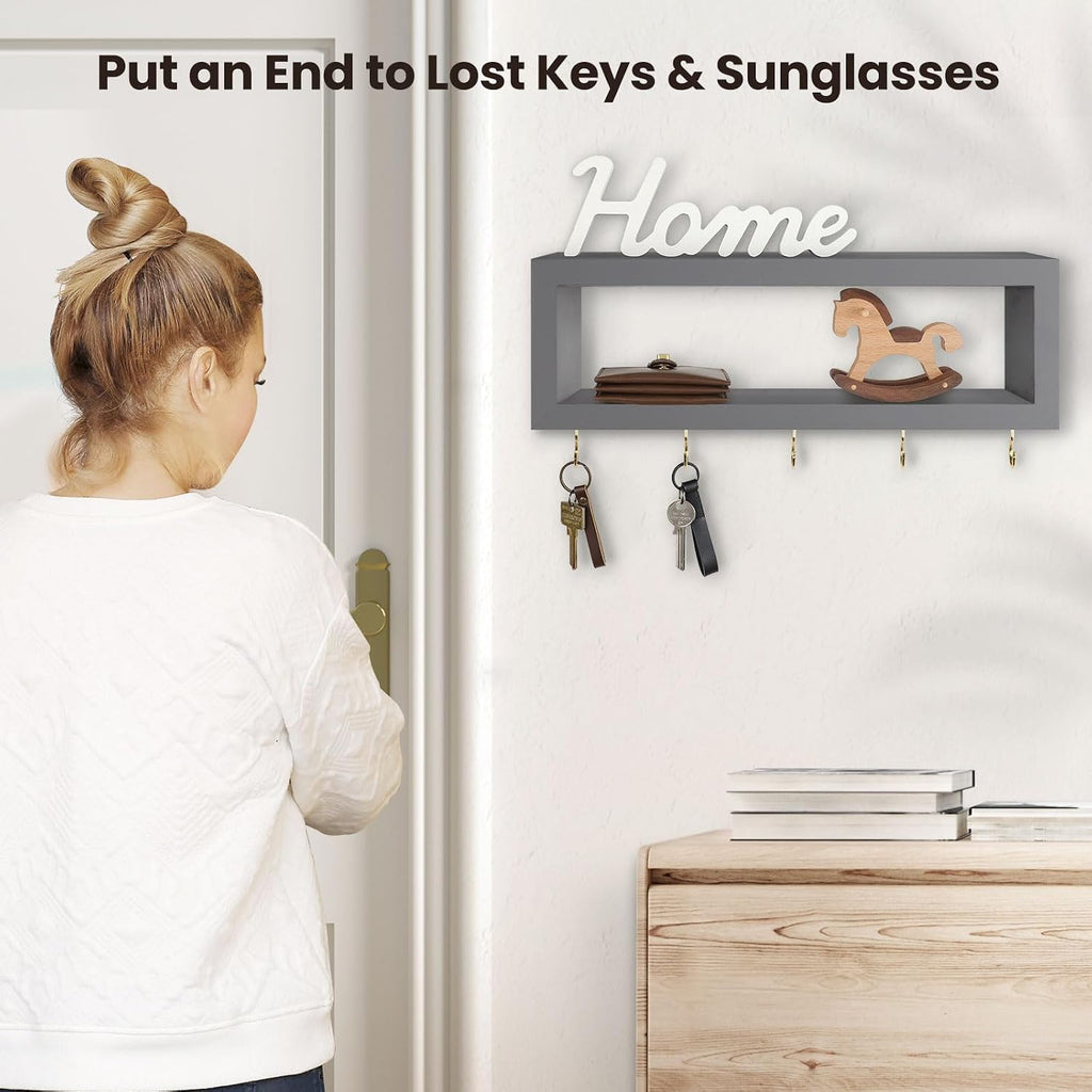 Lwenki Wall Shelf with Hooks - Decorative Key and Wallet Holder for Wall Holds Sunglasses, Leashes, Scarves and Lanyards - 15.7" x 5.1" x 2.9" Entryway Organizer Made of Paulownia Wood (Gray)