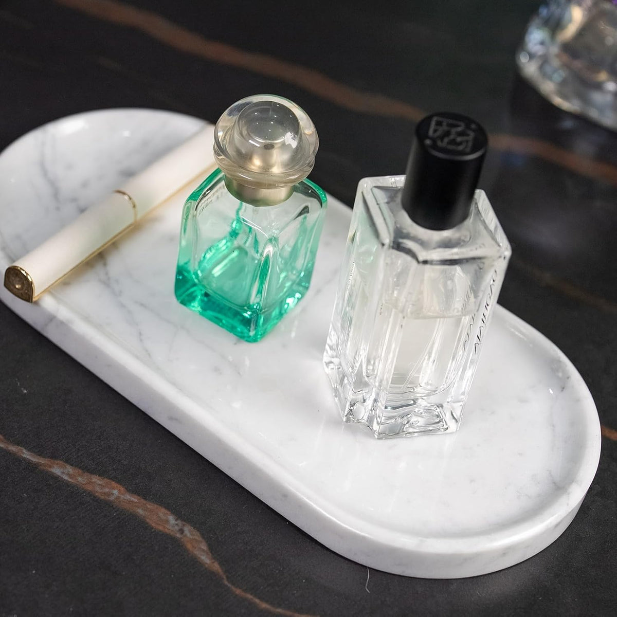 Natural Marble Tray 9.8”x4.7”x0.6” | Hand-Polished Oval Stone Tray for Bathroom Vanity & Jewelry Display – Durable, Unique Vein Patterns (Carrara White)