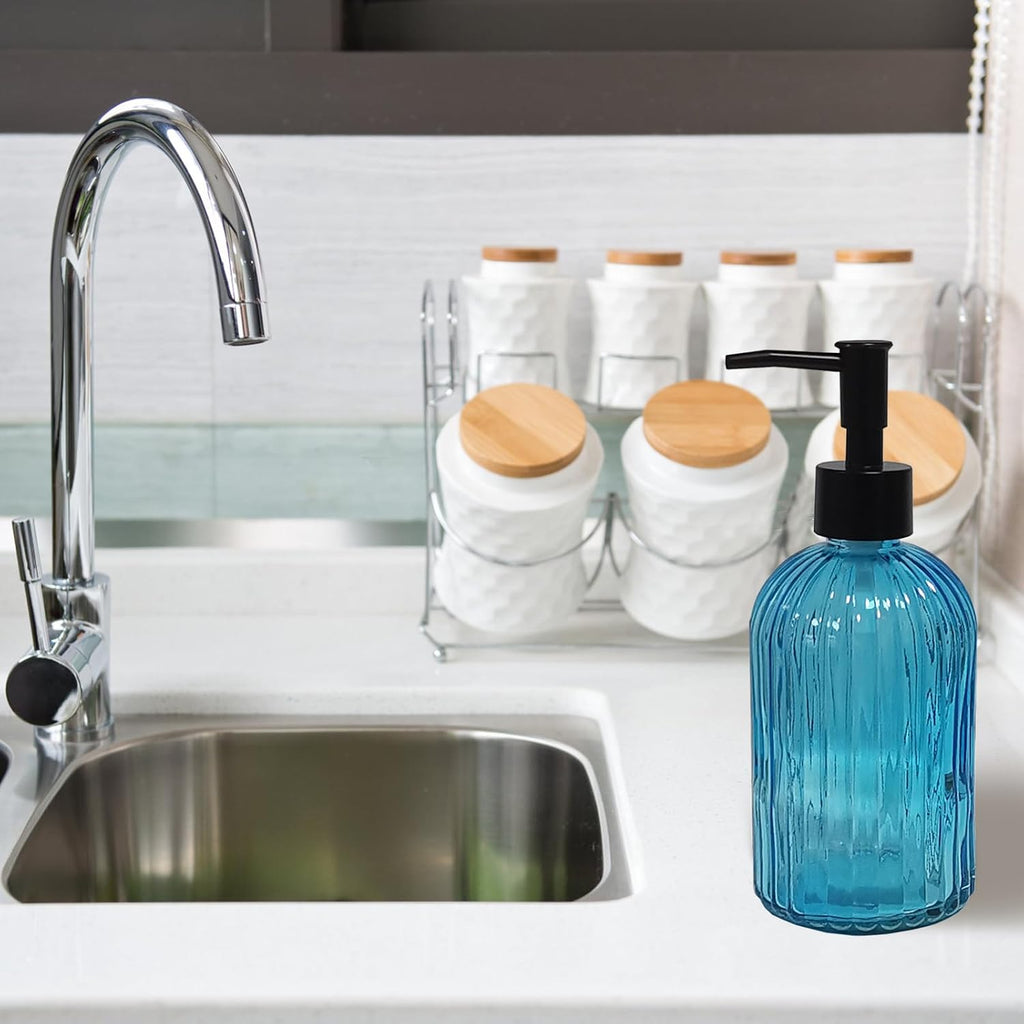 YYTSGG Blue Glass Soap Dispenser Set with Black Pump, 13.5oz