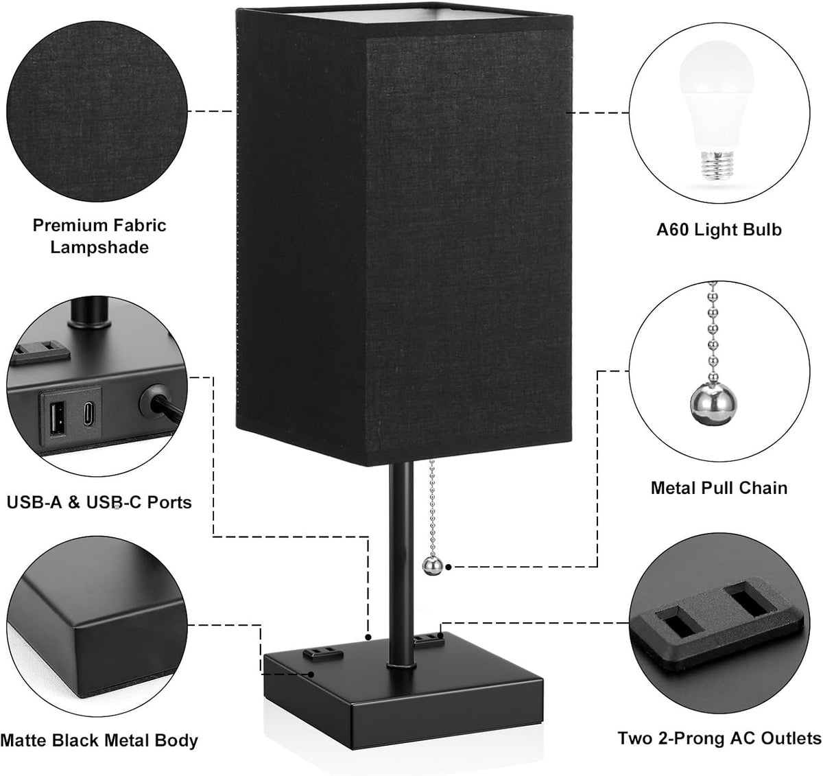 Black Lamp for Bedroom - 3 Color Temperatures, USB A+C, 2 AC Outlets