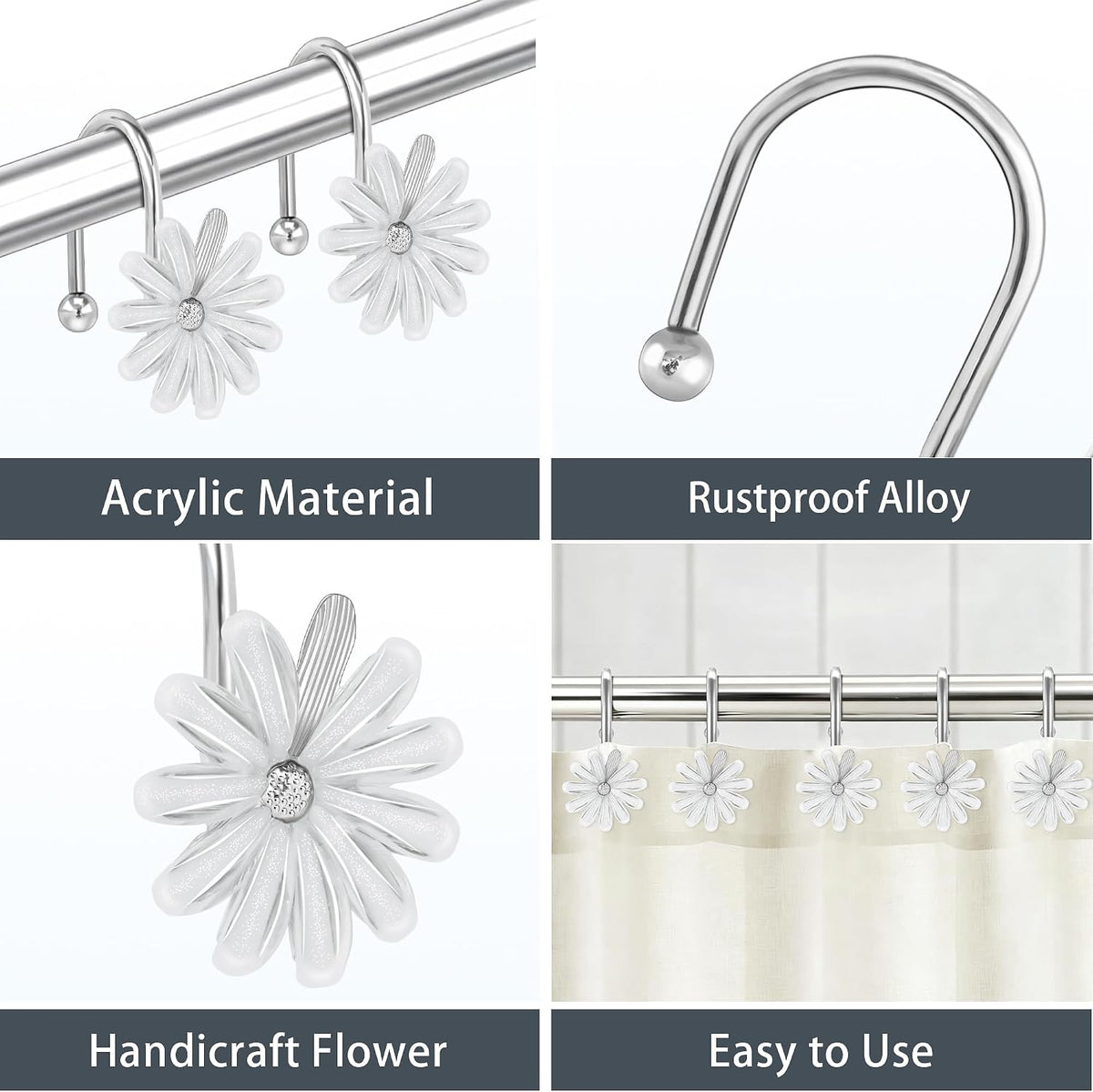 Shower Curtain Hooks, Rust Resistant Cute Daisy Metal Decorative Shower Rings Hangers Set of 12 for Bathroom Curtains,Clothing, Towels (Silver White)