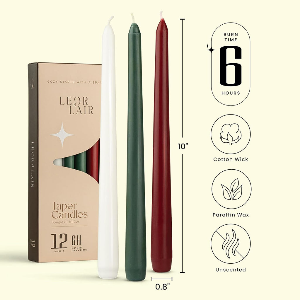 Leor & Lair 10” Christmas Taper Candles, 12 Pack, Red, Green & White