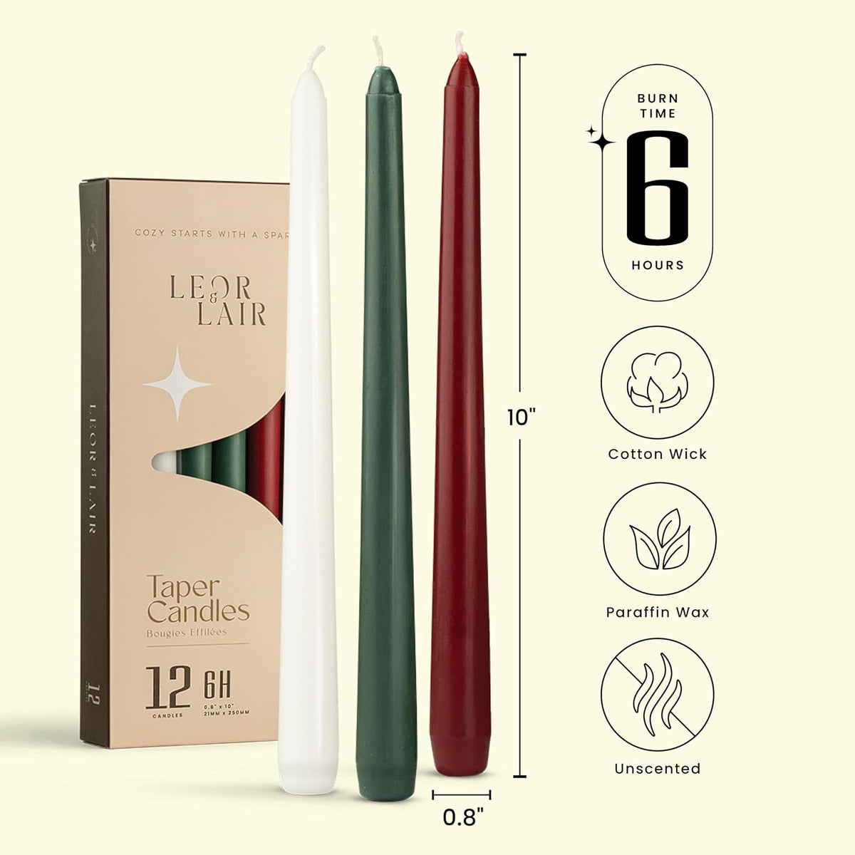 Leor & Lair 10” Christmas Taper Candles, 12 Pack, Red, Green & White