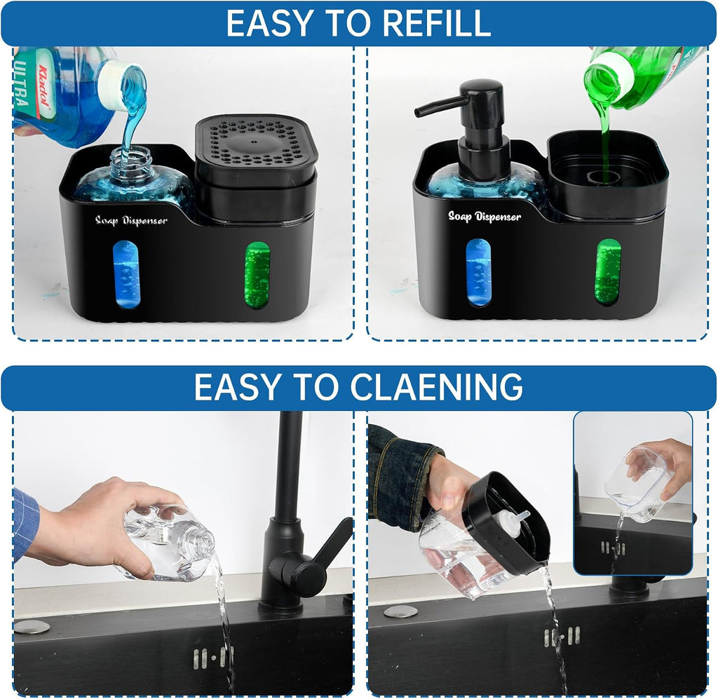 Hand Soap and Dish Soap Dispenser Set for Kitchen, Dual Soap Dispenser with Sponge Holder and Dishcloth Holder 4-in-1 Organizer for Kitchen Sink Countertop, Useful Kitchen Gadgets (Black)