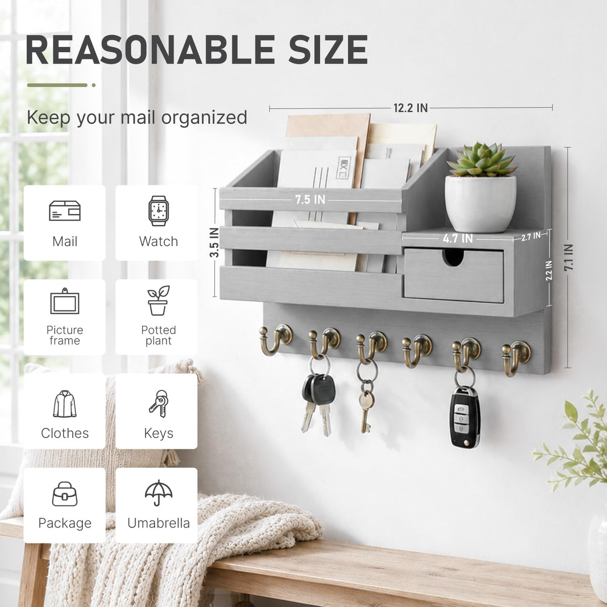 FifthQuarter Key Holder for Wall with Drawer and 6 Sturdy Hooks, A-Grey