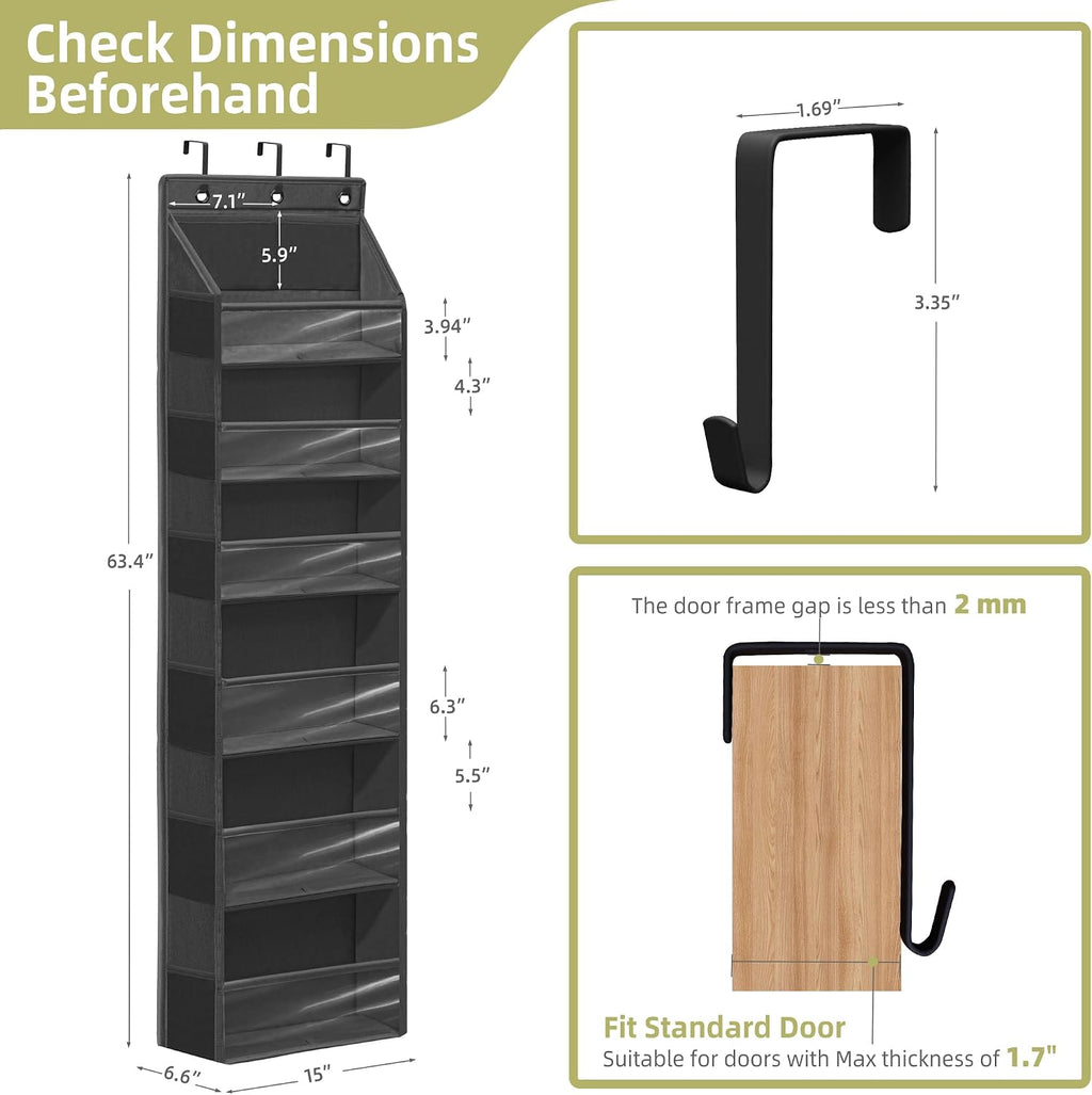 Over Door Organizer with 6 Extra Large Pockets 12 Side Pockets, Sturdy Closet Storage Rack, Hanging Storage Organizer with Clear Window for Shoes, Diaper, Bedroom, Bathroom, Black, 4-Pack