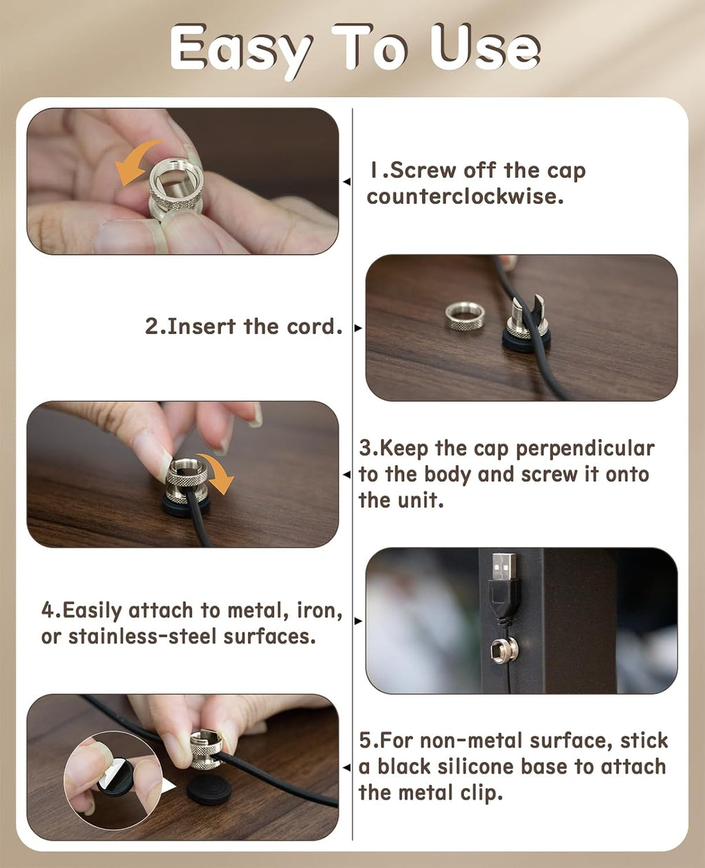 Maveek Magnetic Cable Clips 8Pcs, Stainless Steel Cord Anchor, Metal Silver