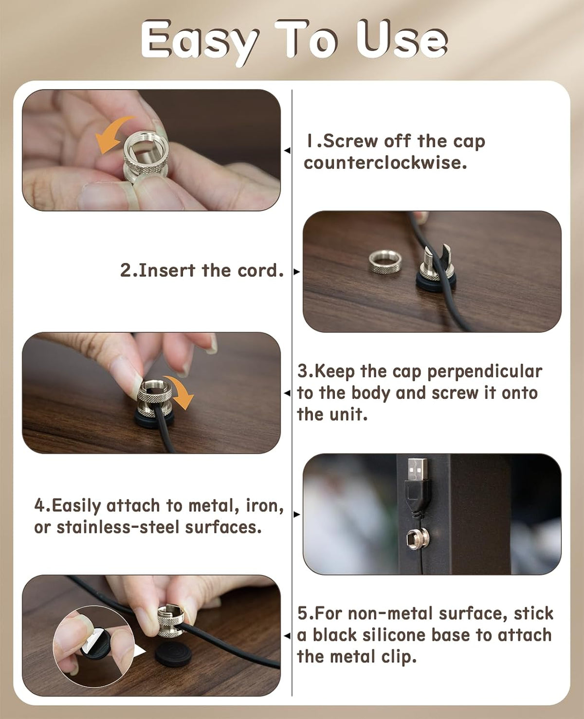 Maveek Magnetic Cable Clips 8Pcs, Stainless Steel Cord Anchor, Metal Silver