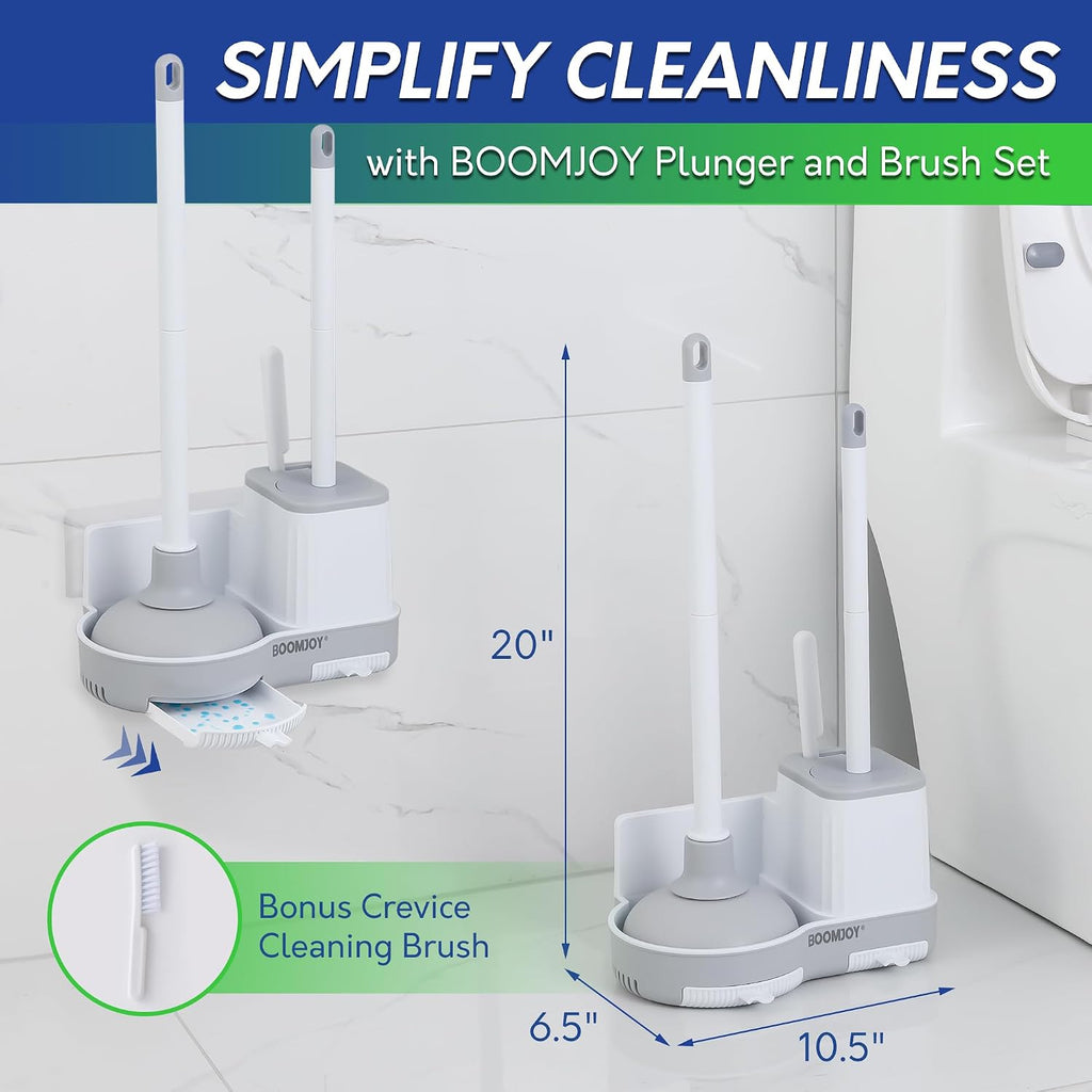 BOOMJOY Toilet Brush and Plunger Set with Crevice Cleaning Brush, White Plunger and Brush Combo with Hidden Holder, Bathroom Plunger and Toilet Bowl Brush Set Heavy Duty