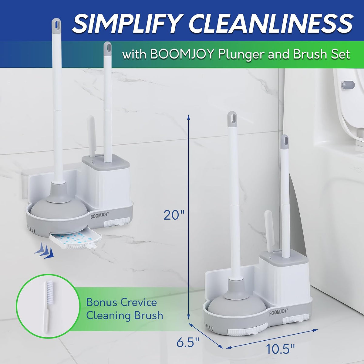 BOOMJOY Toilet Brush and Plunger Set with Crevice Cleaning Brush, White Plunger and Brush Combo with Hidden Holder, Bathroom Plunger and Toilet Bowl Brush Set Heavy Duty